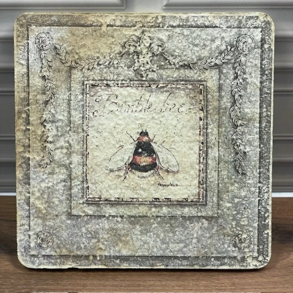 Dragonfly & Bumble Bee Ceramic Coasters Distressed Rustic Cork Backing Set‎ of 2